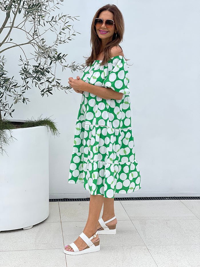 Cresi Dress - Green and White Spot