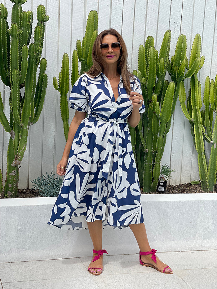 Chessi Midi Dress - Navy and White
