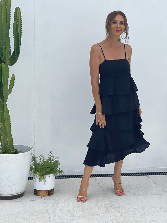 Inspiration Tiered Dress - Black Silky