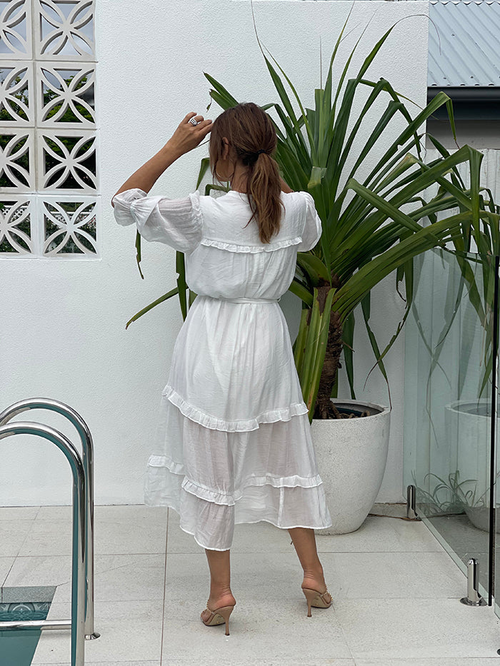 Frances Sheer Frill Dress - White
