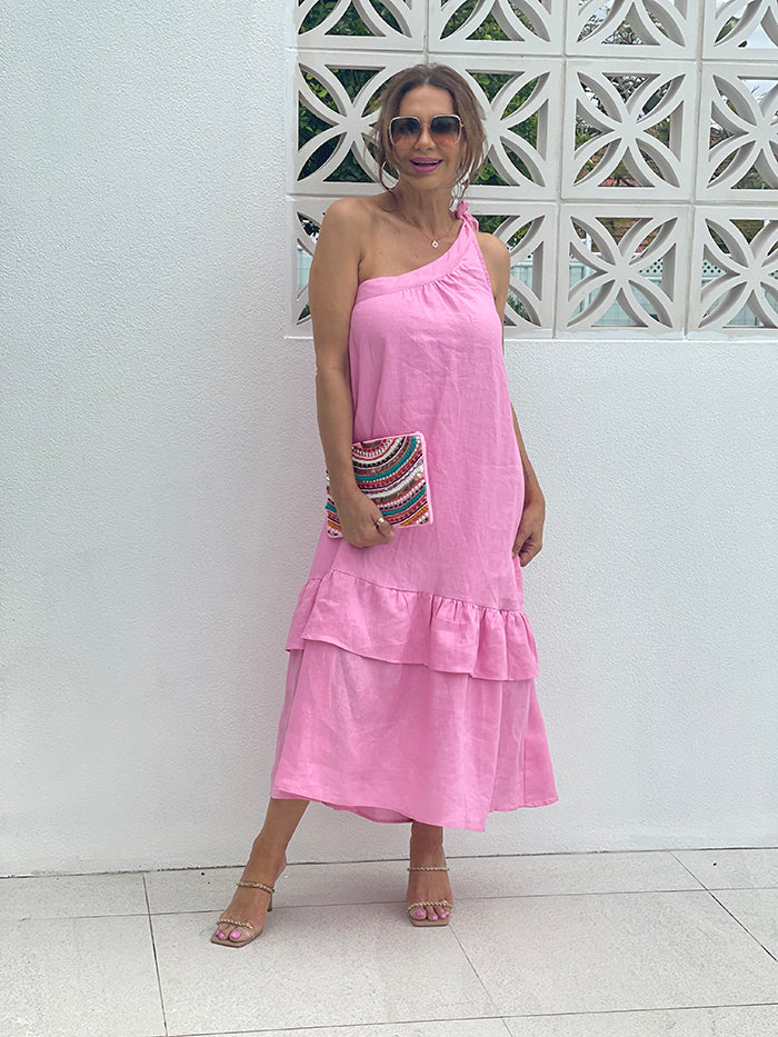 Frida One Shoulder Linen Dress - Pink