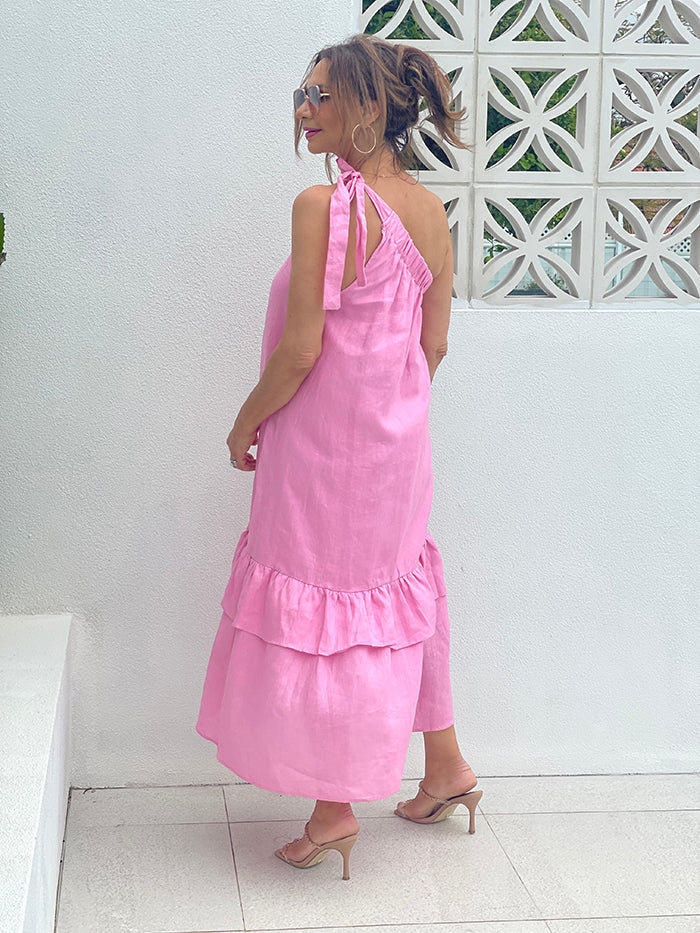 Frida One Shoulder Linen Dress - Pink