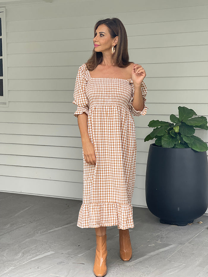 Caramel Gingham Maxi Dress