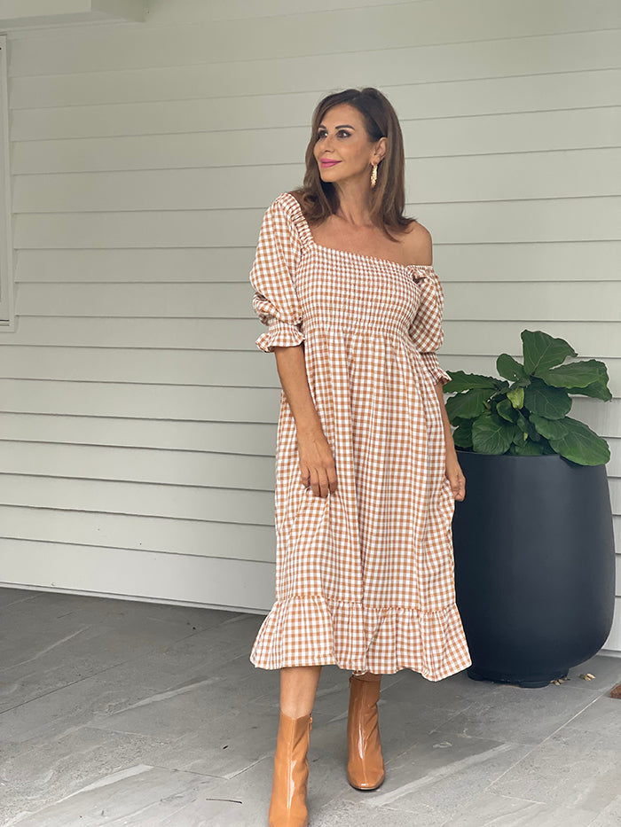 Caramel Gingham Maxi Dress