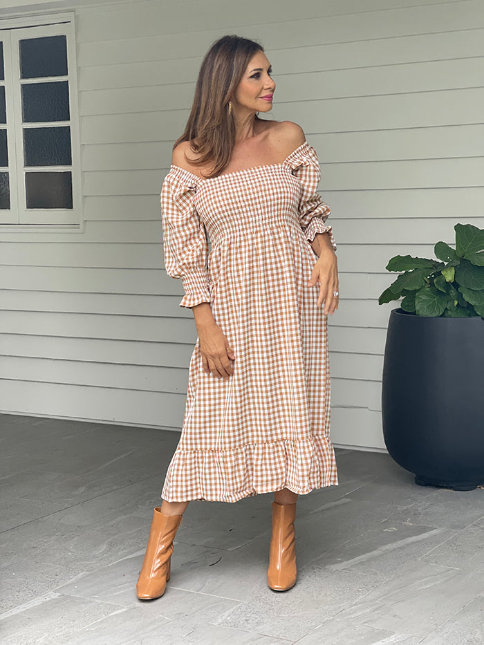 Caramel Gingham Maxi Dress