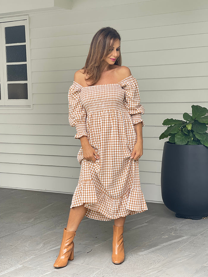 Caramel Gingham Maxi Dress