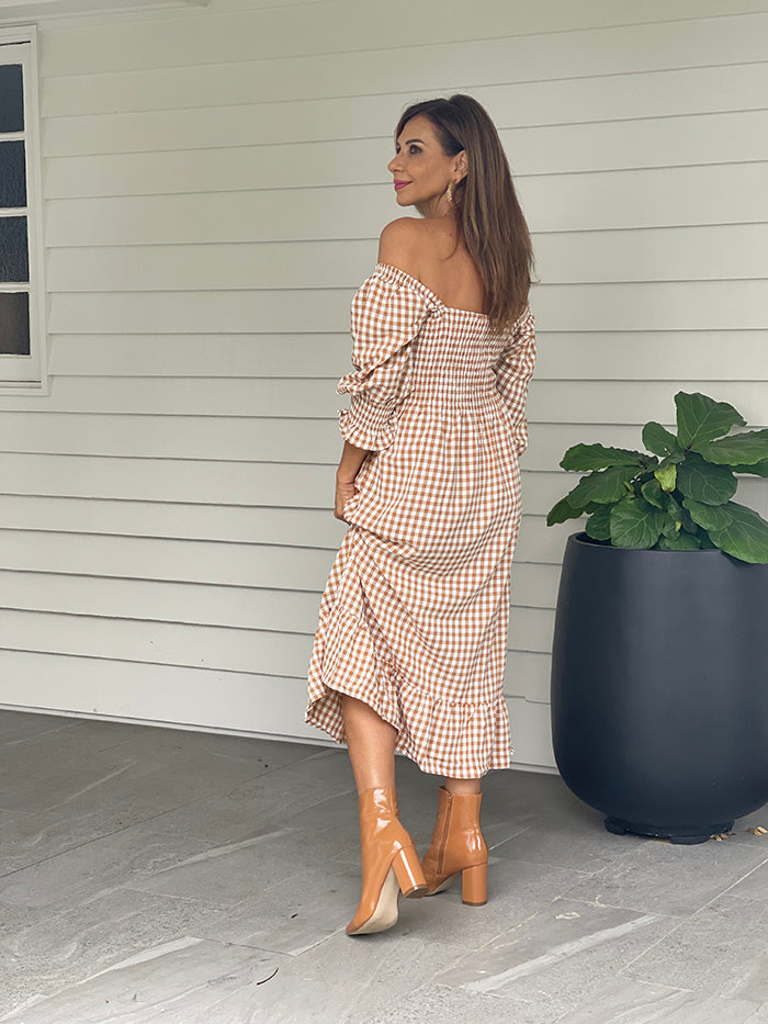 Caramel Gingham Maxi Dress