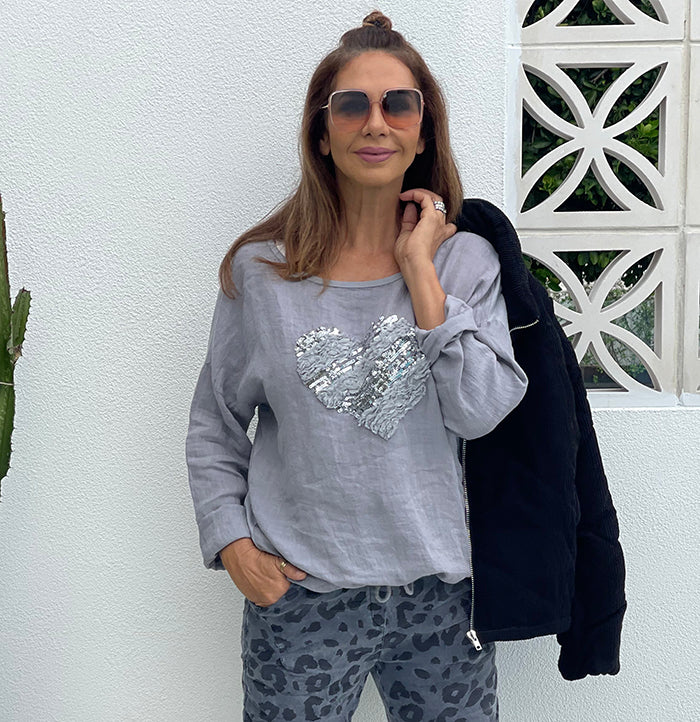 Grey Sequin Heart Linen Top
