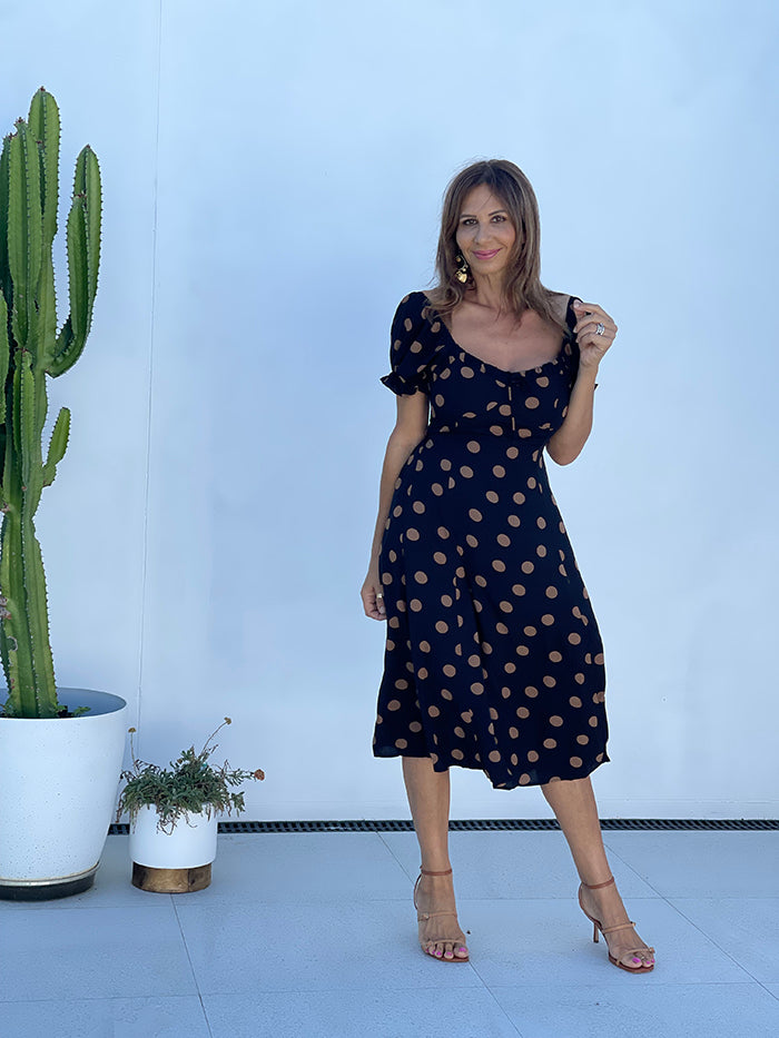 Maya Midi Dress - Black and Tan Spot