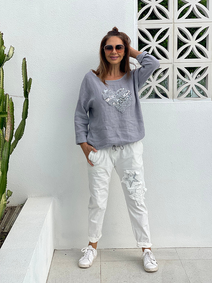 Grey Sequin Heart Linen Top