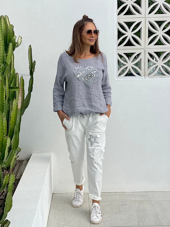 Grey Sequin Heart Linen Top