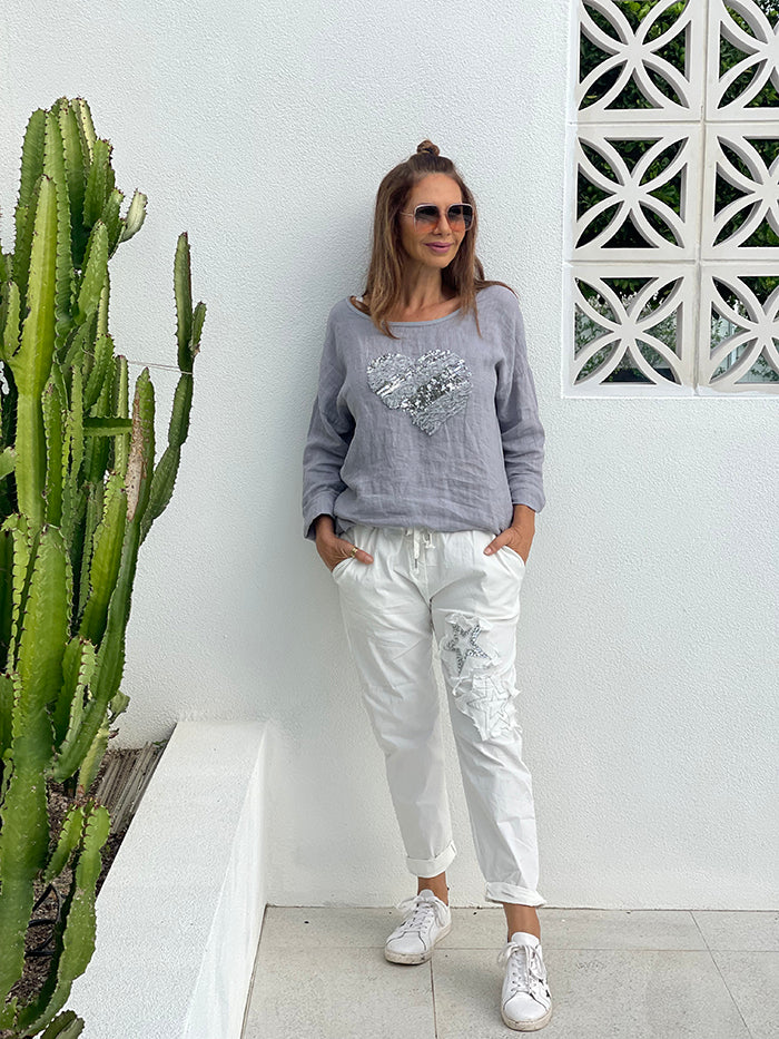 Grey Sequin Heart Linen Top