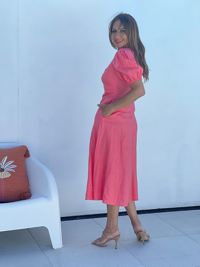 Cara Coral Linen Dress