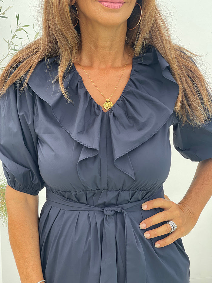 Carla Ruffle Neck Dress - Navy