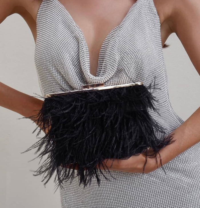 Estelle Feathered Clutch - Black