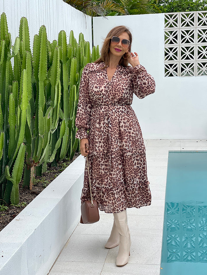Frances Long Sleeve Frill Dress - Leopard
