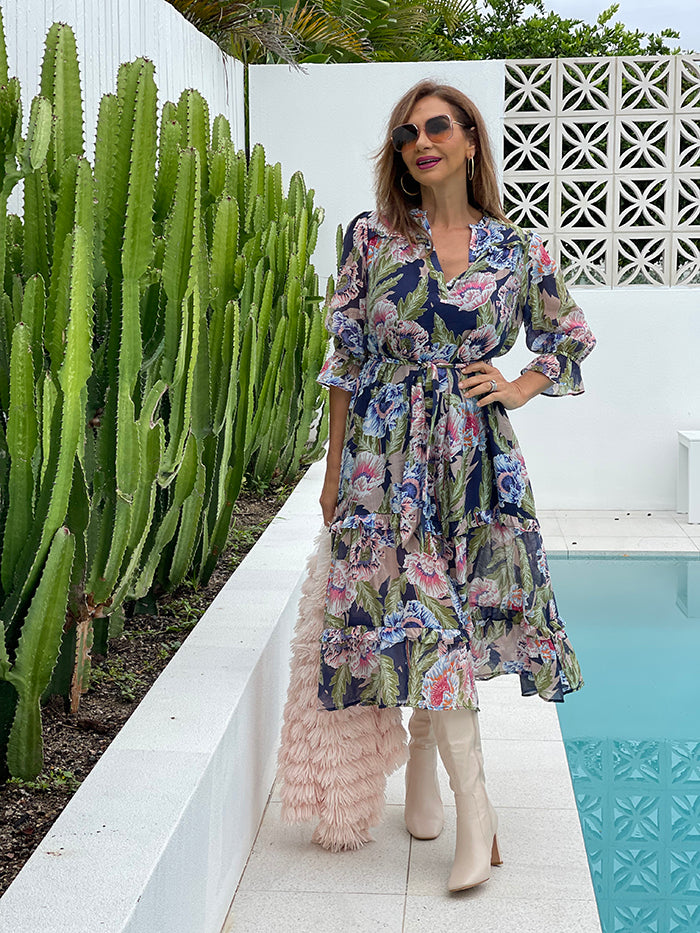 Frances Sheer Frill Dress - Navy Floral