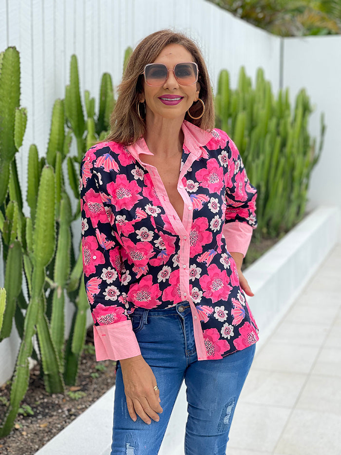 Neon Floral Stripe Button Front Top - Navy