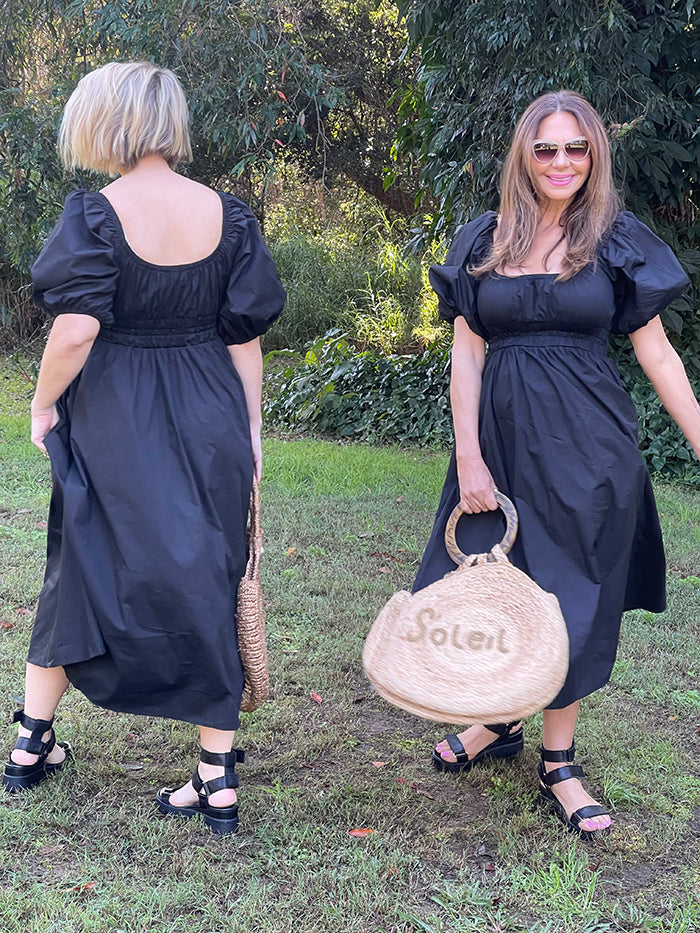 Puff Sleeve Midi Dress - Black