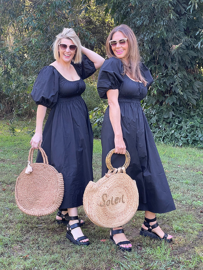 Puff Sleeve Midi Dress - Black
