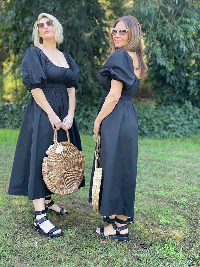 Puff Sleeve Midi Dress - Black