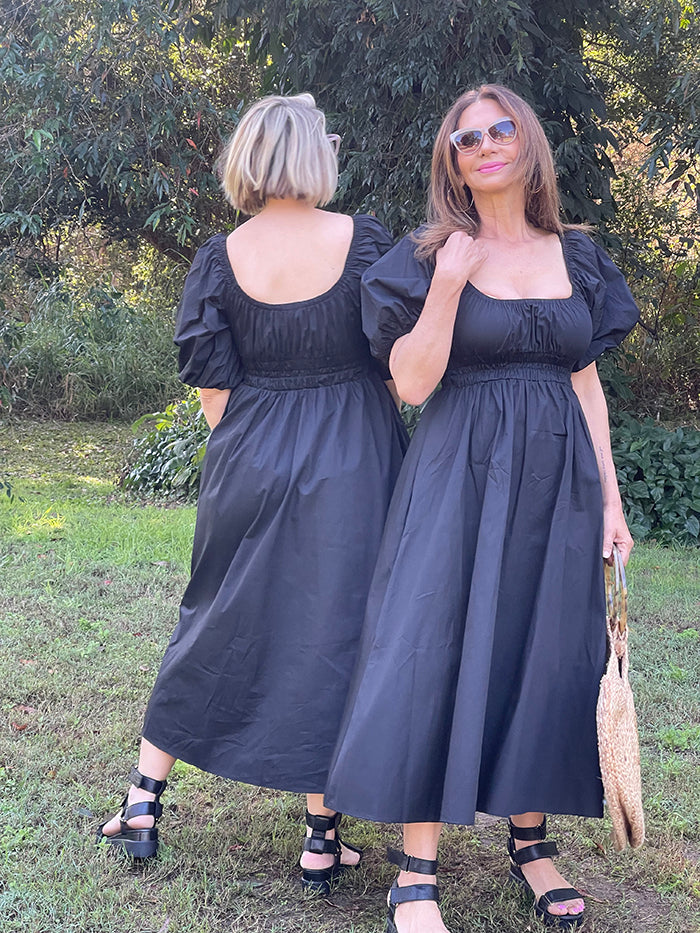 Puff Sleeve Midi Dress - Black