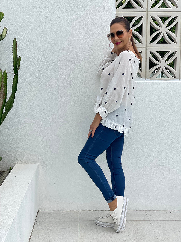 White and Navy Spot Top