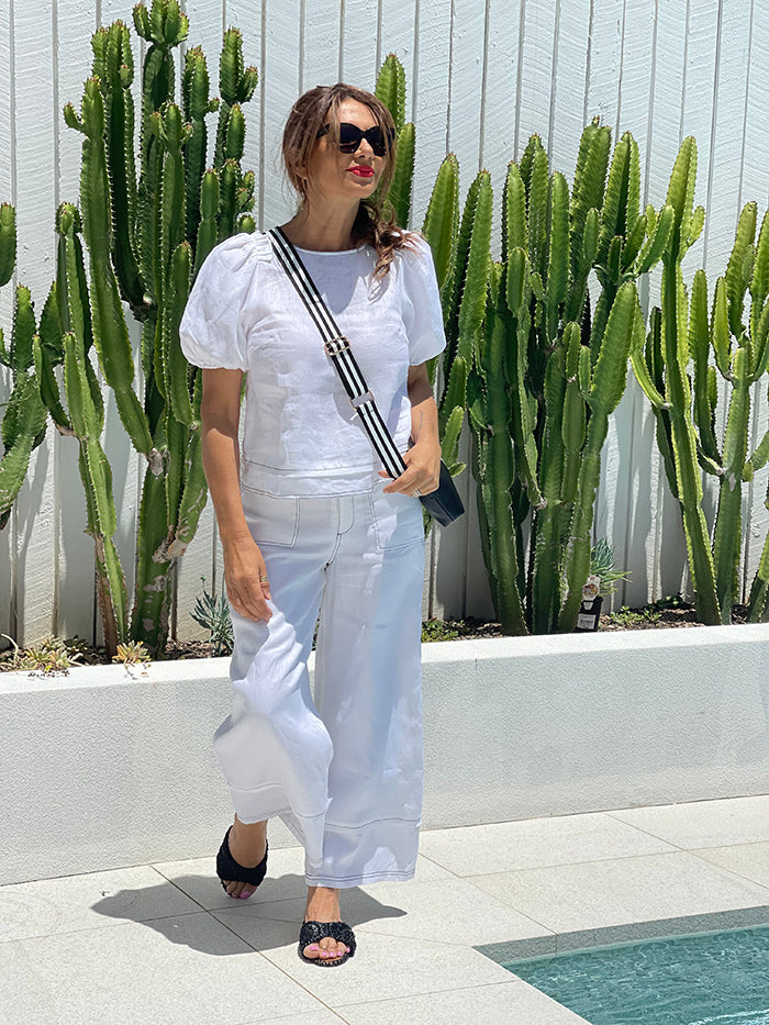 Gabriella Stitch Detail Linen Pant - White