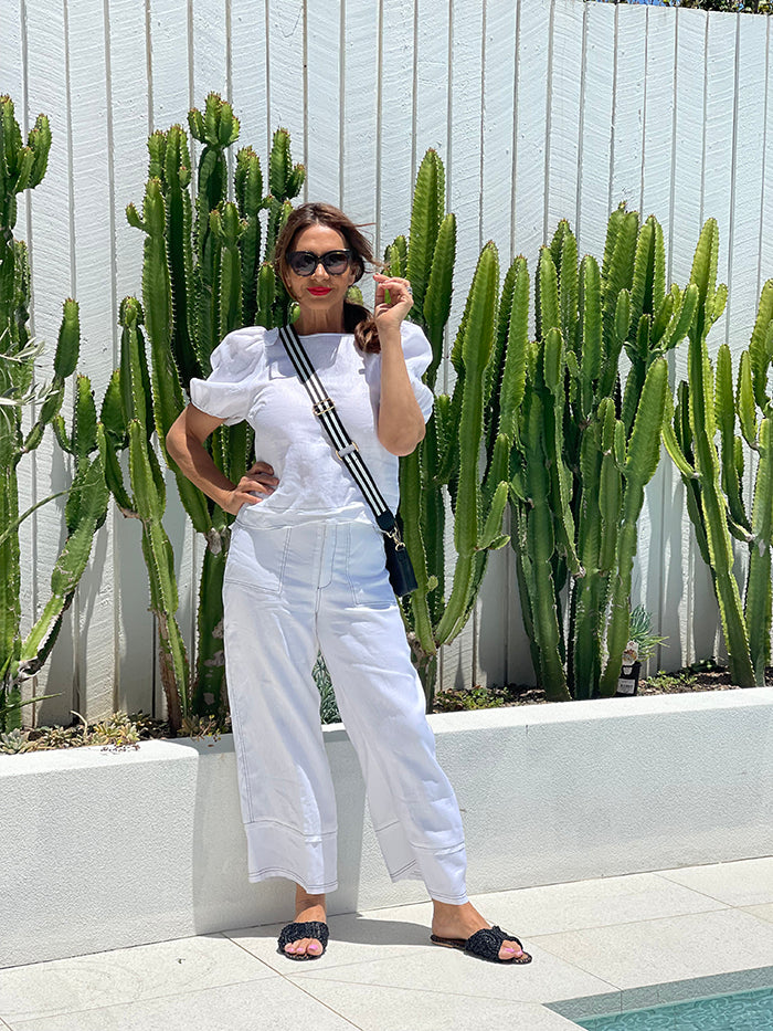 Gabriella Stitch Detail Linen Pant - White