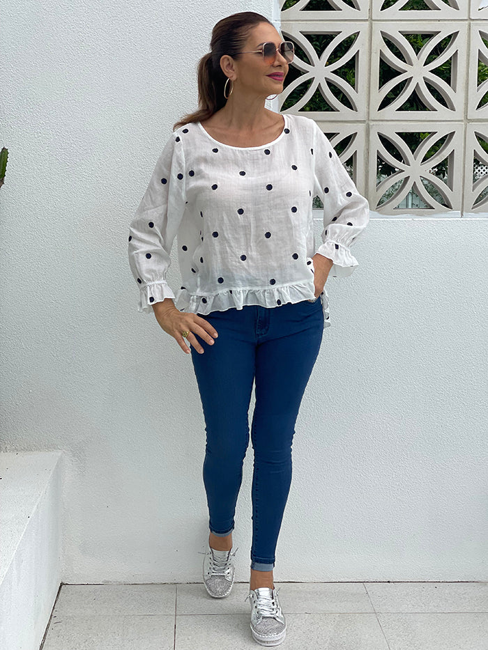 White and Navy Spot Top