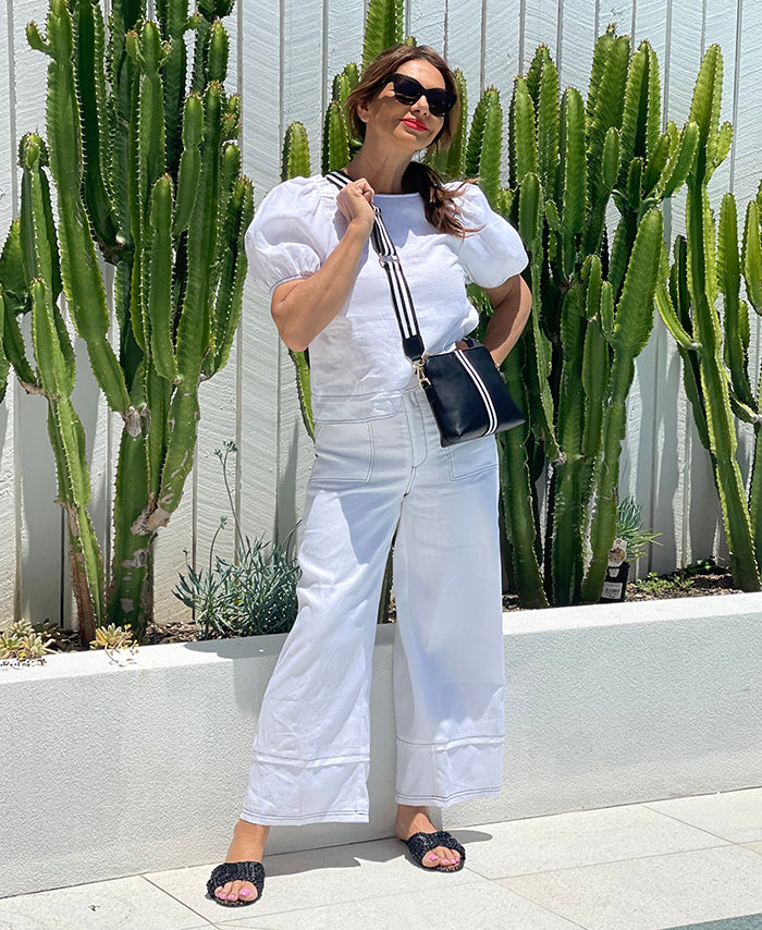 Gabriella Stitch Detail Linen Pant - White