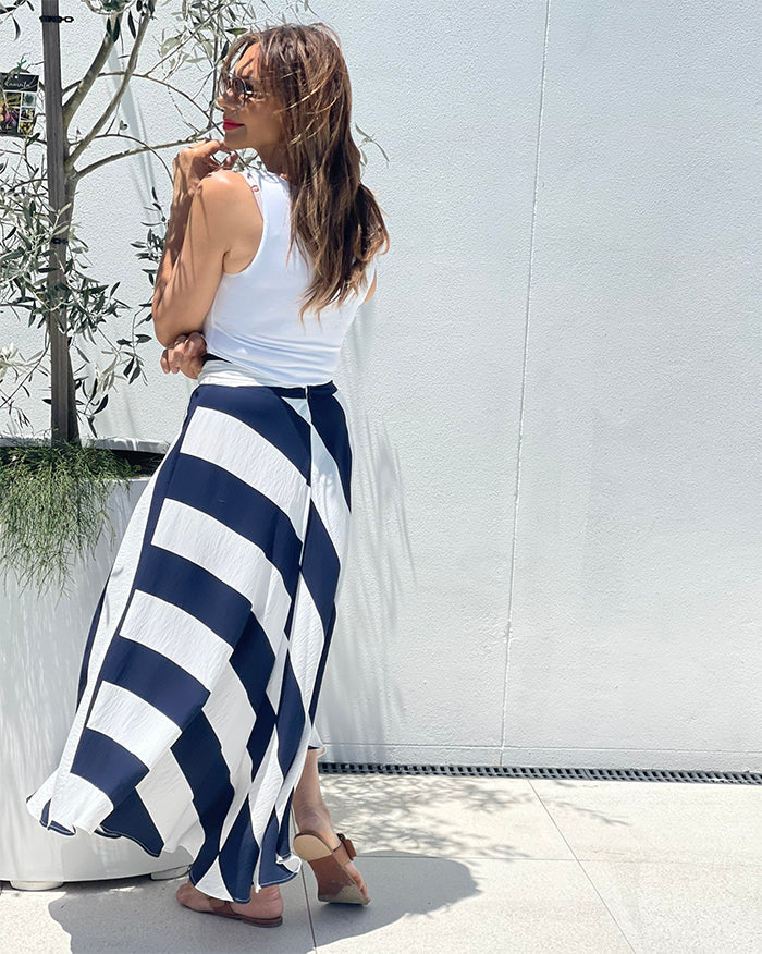 Navy and White Stripe Midi Skirt