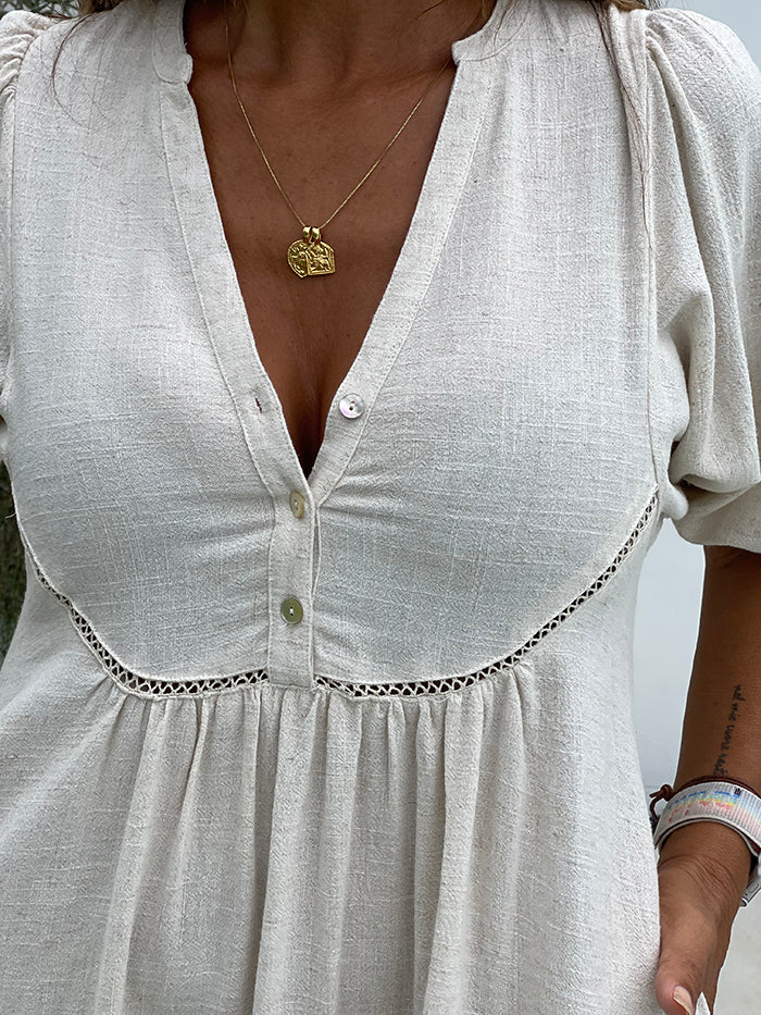 Linen Blend Midi Dress - Sand