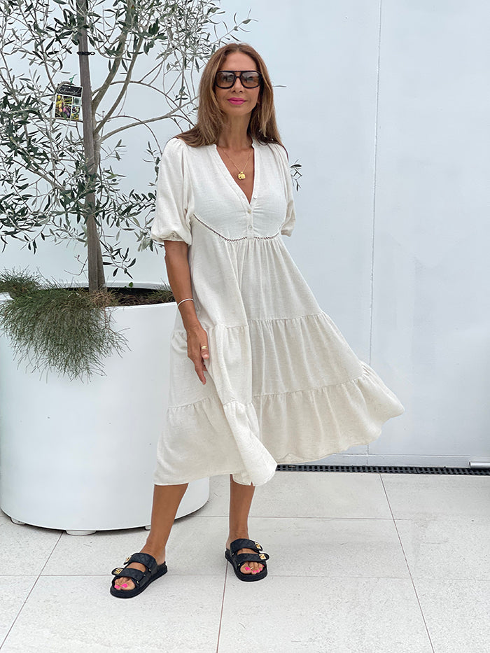 Linen Blend Midi Dress - Sand