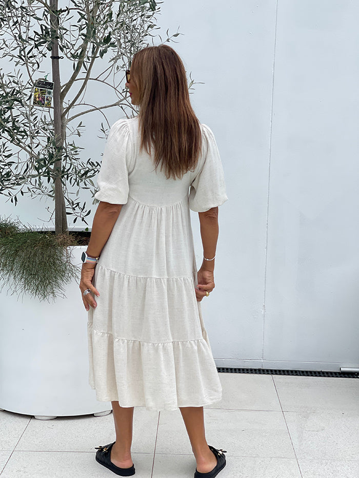 Linen Blend Midi Dress - Sand
