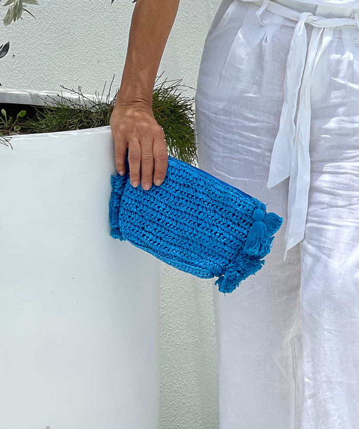 Ayla Pom Pom Edge Raffia Clutch - Blue