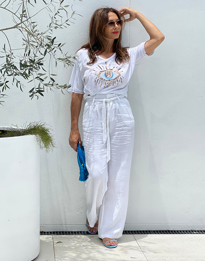 Evil Eye Sequin Tee - White
