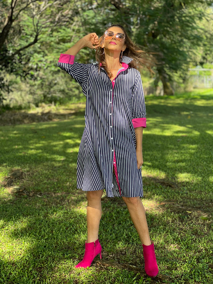 Stripe Shirt Dress - Navy and Pink