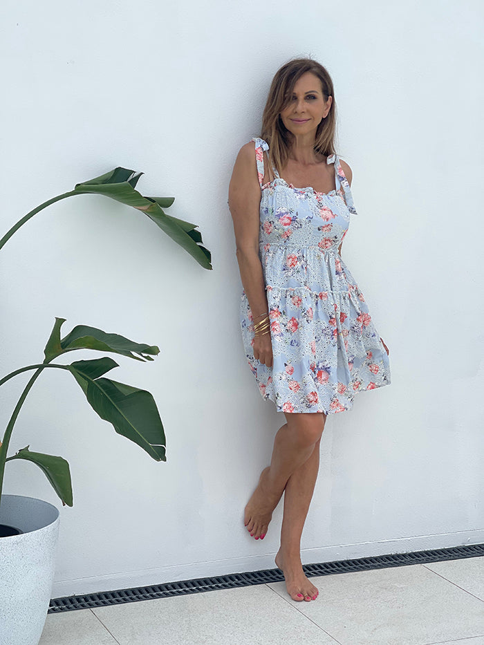 Soft Blue Floral Embroidery Dress