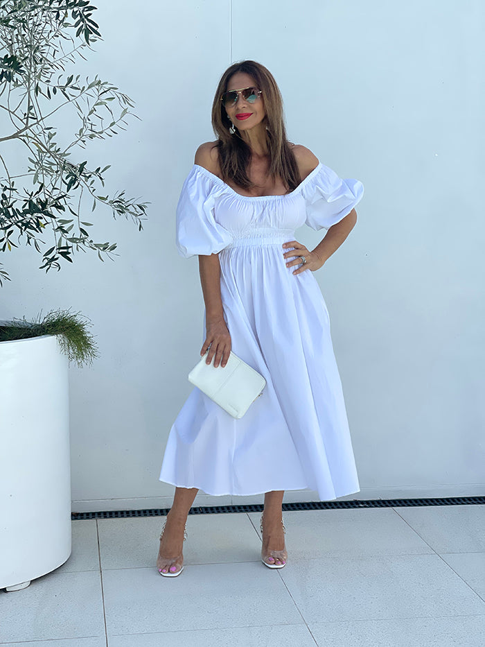 Puff Sleeve Midi Dress - White