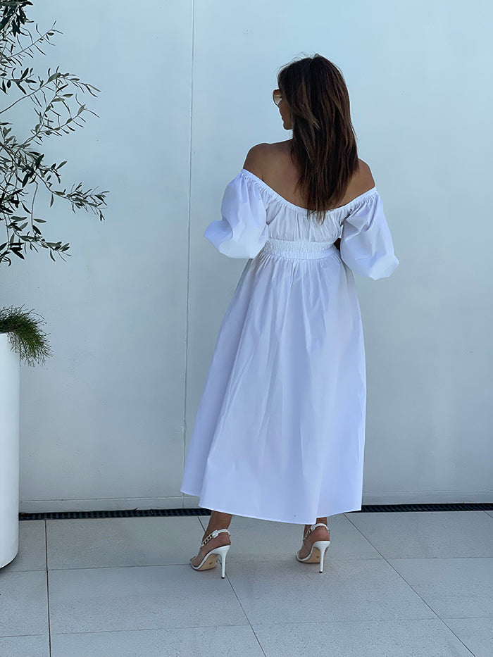 Puff Sleeve Midi Dress - White
