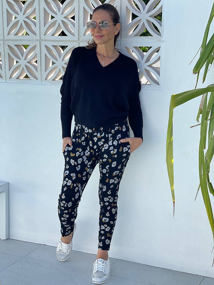 Black Leopard Drop Crotch Jogger