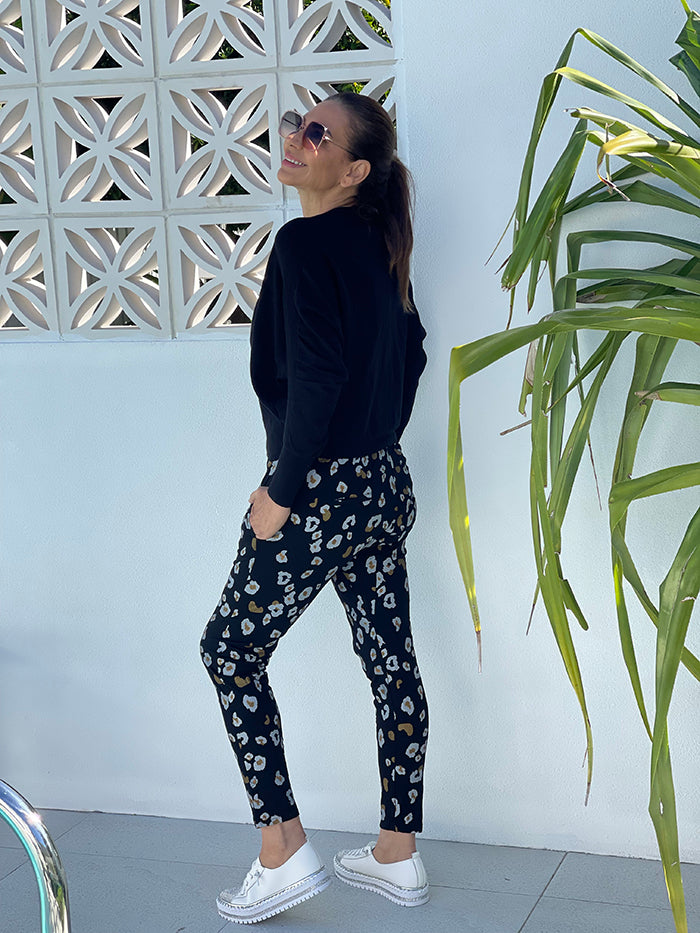 Black Leopard Drop Crotch Jogger
