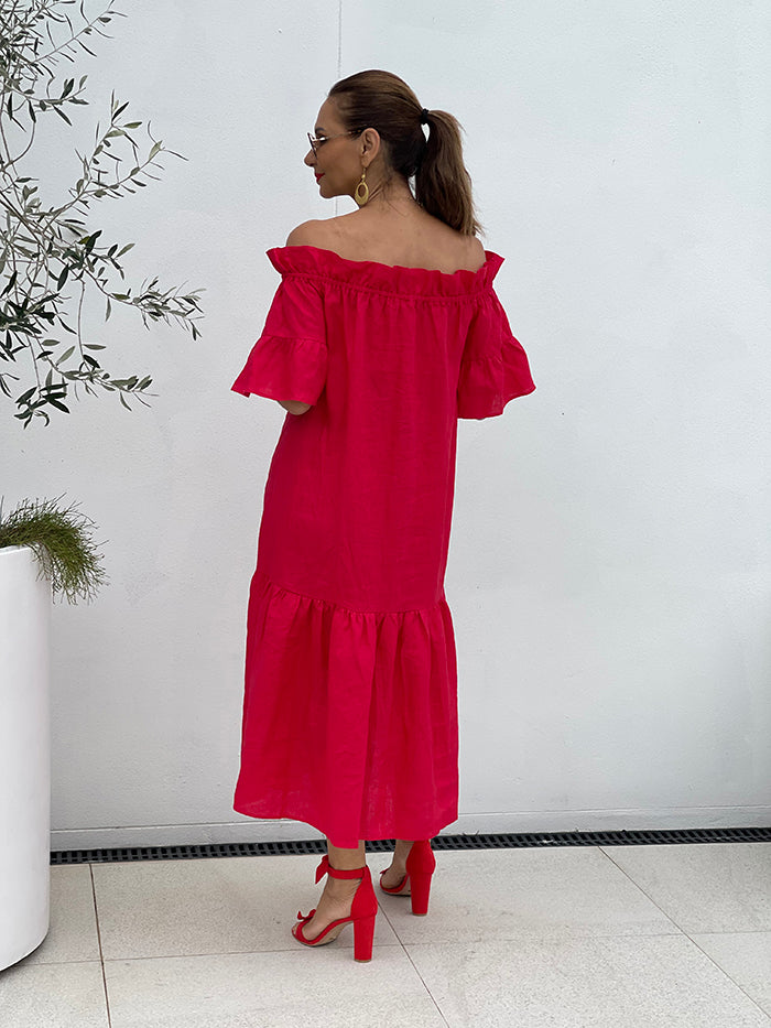 Elle Off The Shoulder Midi Dress - Red