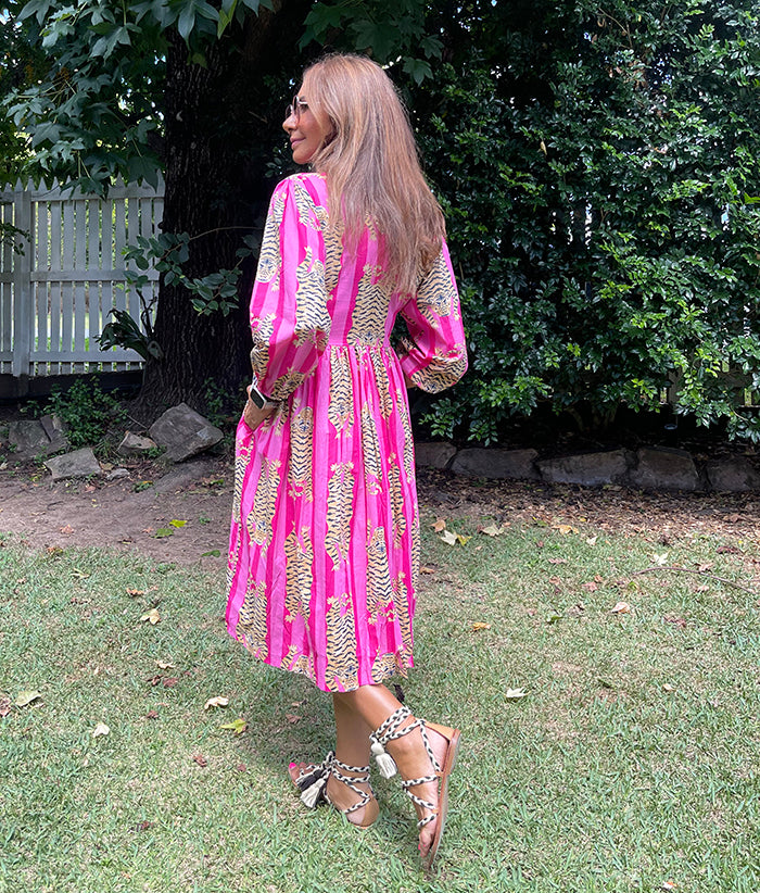 pink tiger dress Pink Stripes Tiger Print Dress: Handmade Cotton Gauze Midi