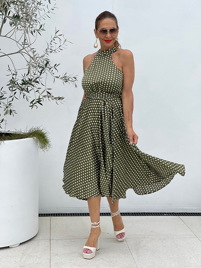 Carla Silky Spot Dress - Olive