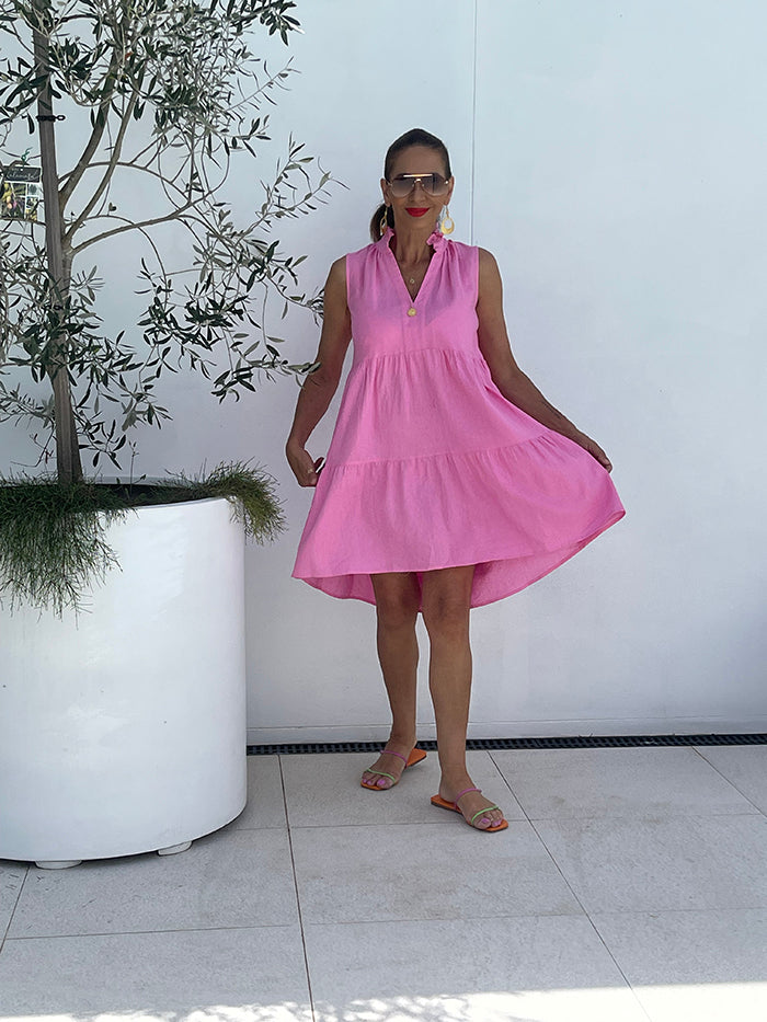 Libby Midi Tiered Relaxed Linen Dress - Pink