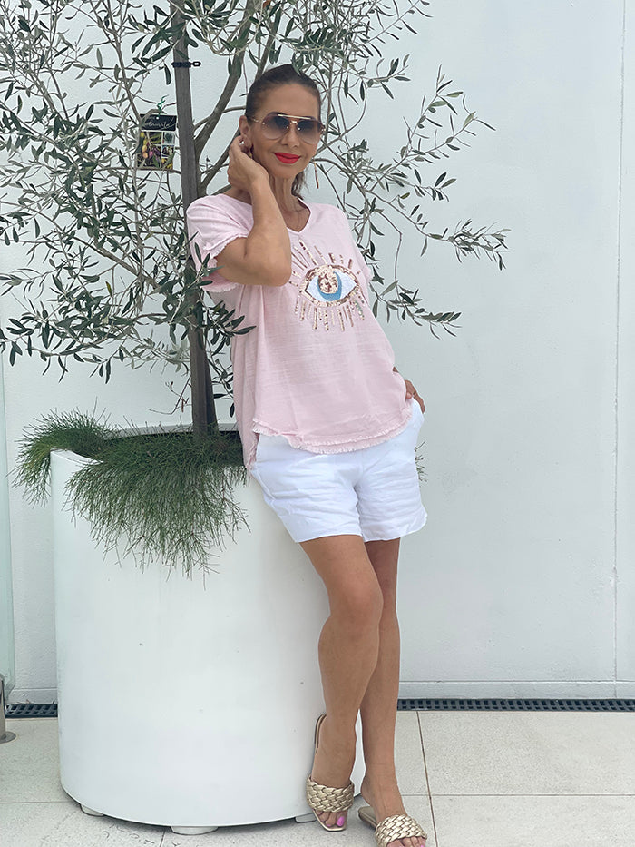 Evil Eye Sequin Tee - Pink