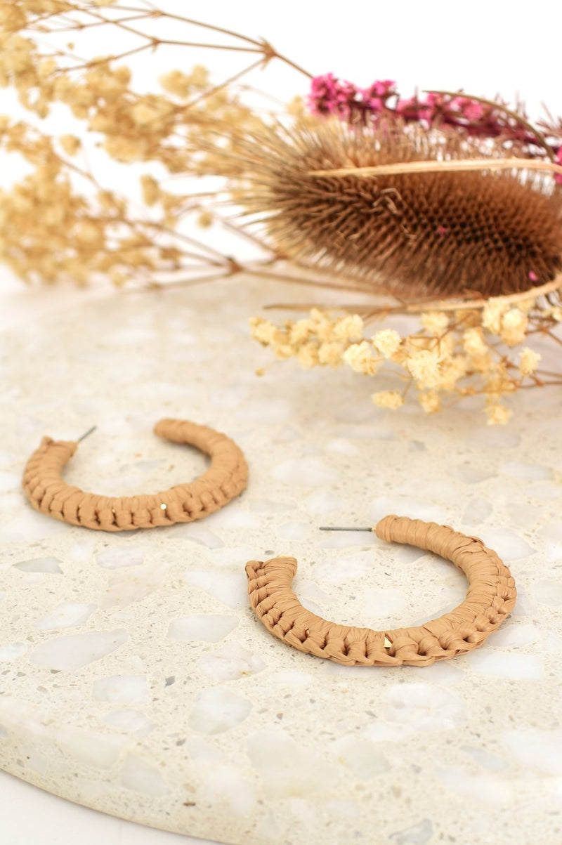 Crochet Edge Raffia Hoops - Camel