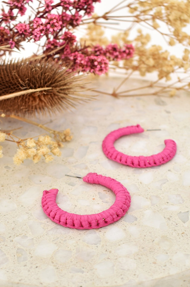 Crochet Edge Raffia Hoops - Pink